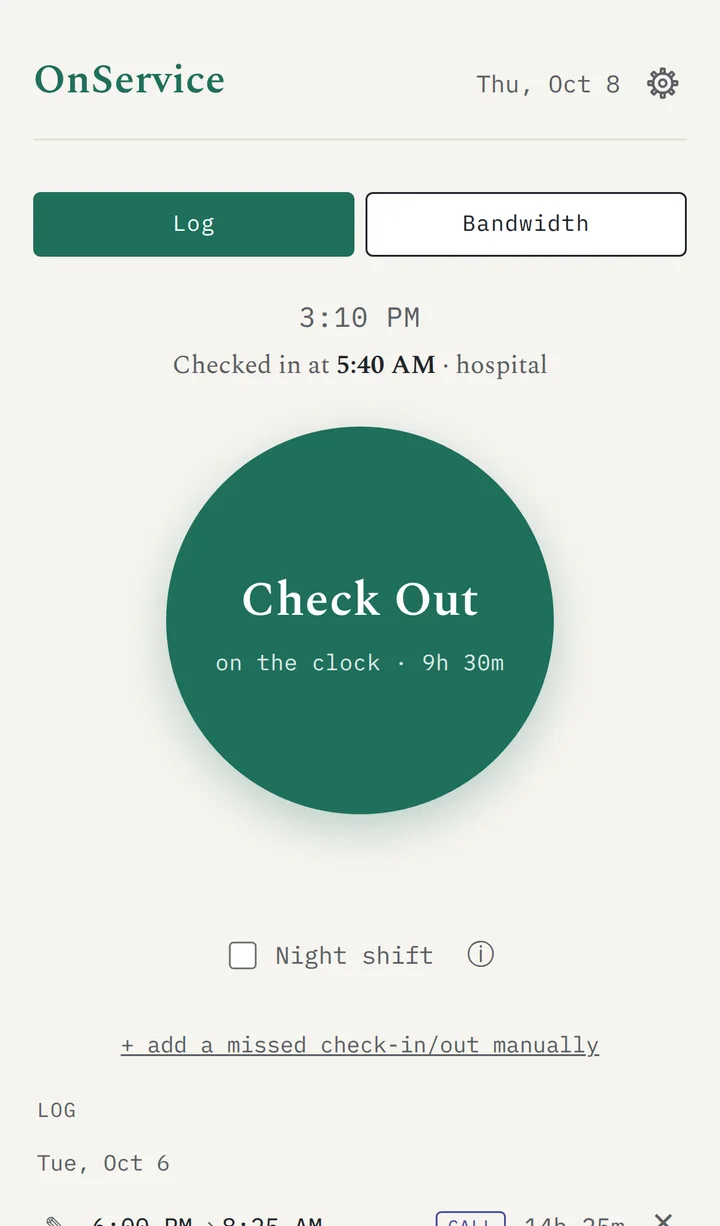 The app's Log screen: a large round Check Out button, showing nine and a half hours on the clock.